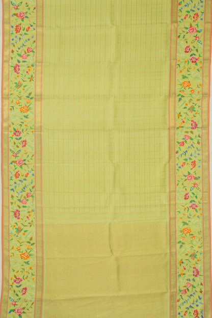 Petit Point Kanchipuram Silk Checks Embroidery Pista Green saree