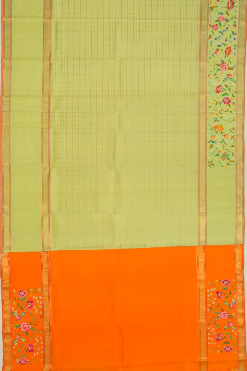 Petit Point Kanchipuram Silk Checks Embroidery Pista Green saree