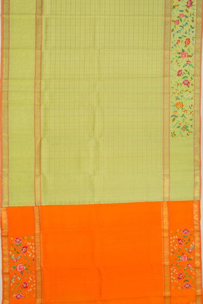 Petit Point Kanchipuram Silk Checks Embroidery Pista Green saree