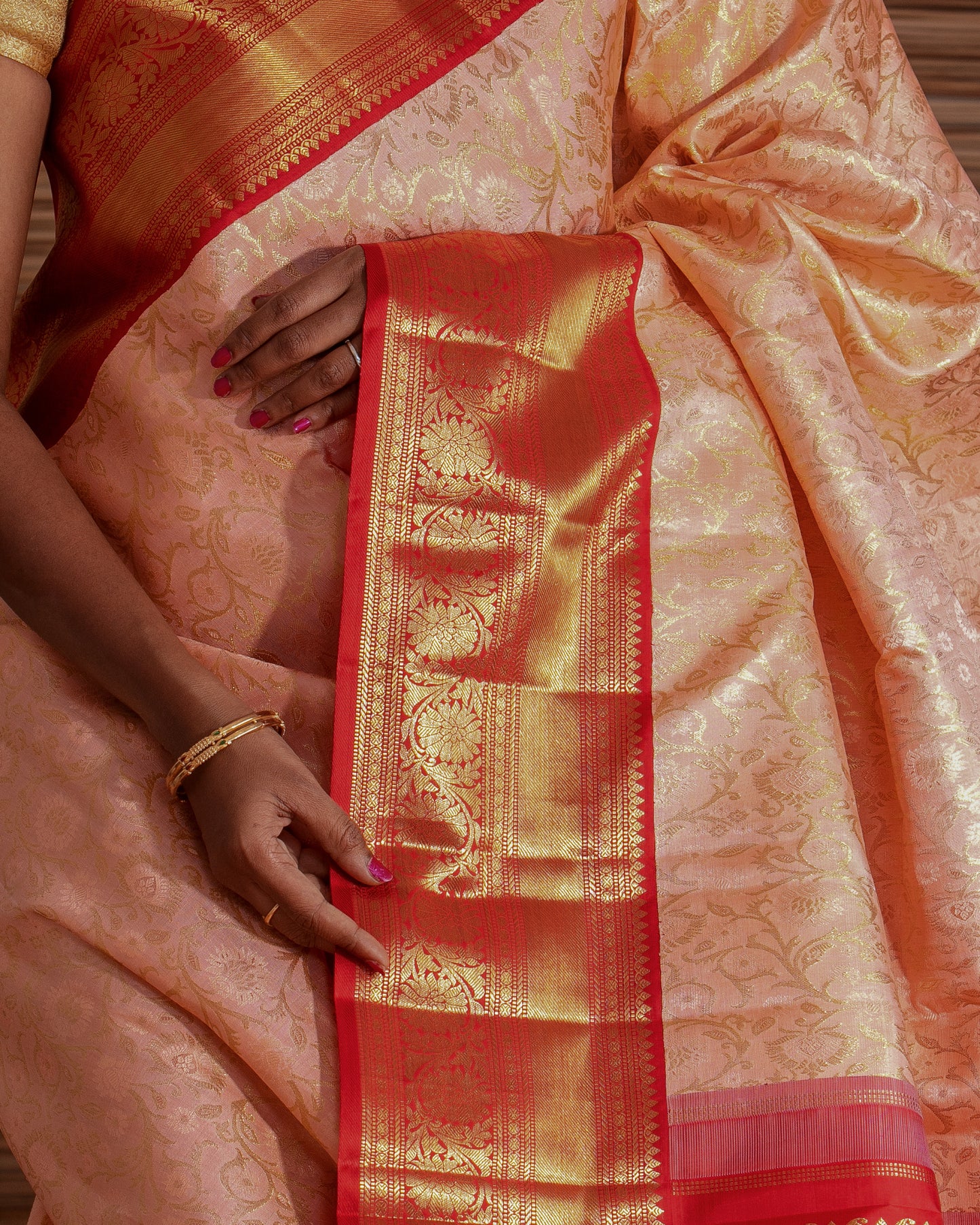 Kanchipuram Silk Jaal Peach Saree