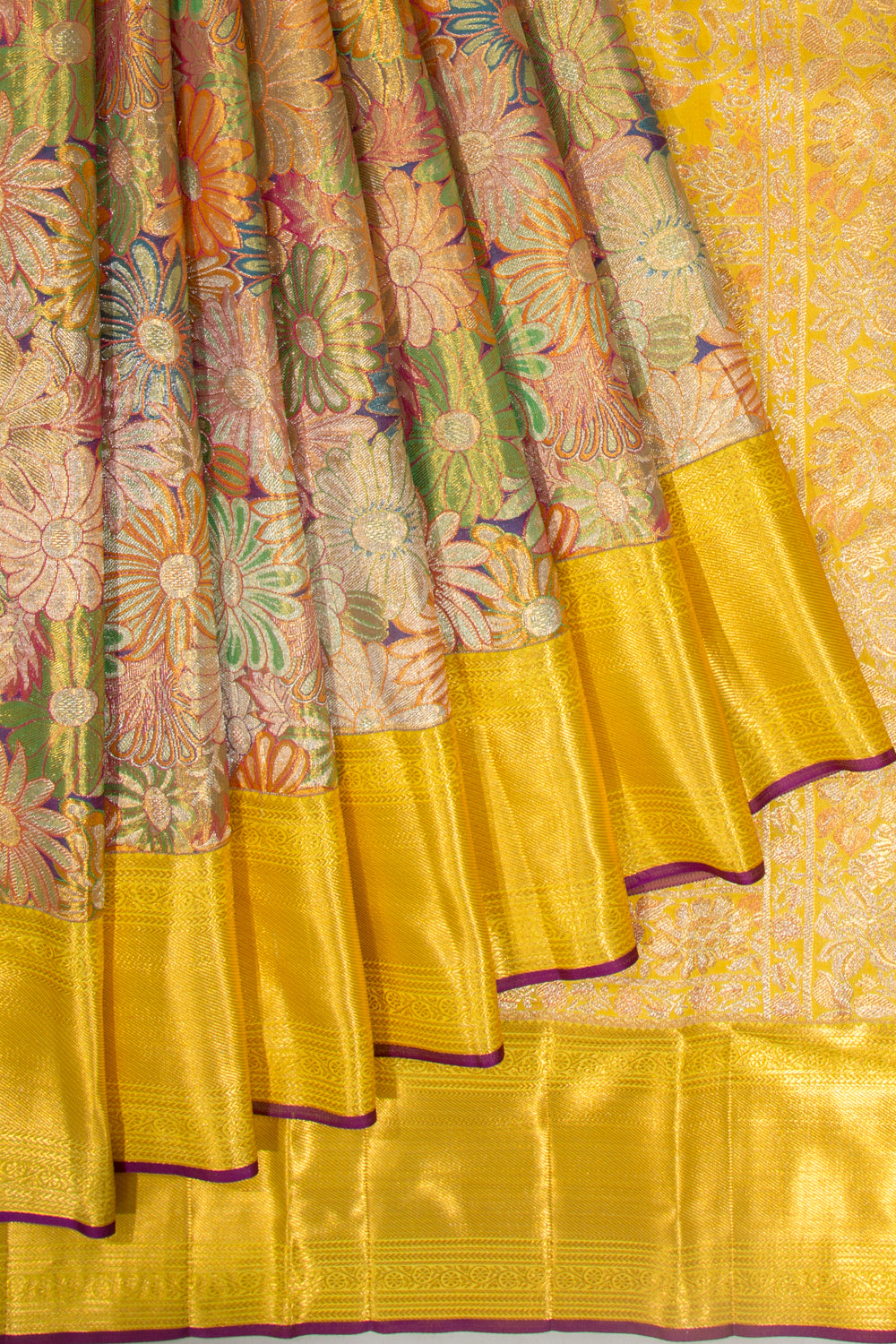 Kanchipuram Silk Tissue Brocade Multicolour Saree
