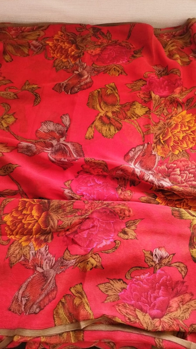 Chiffon Floral Printed Red Saree