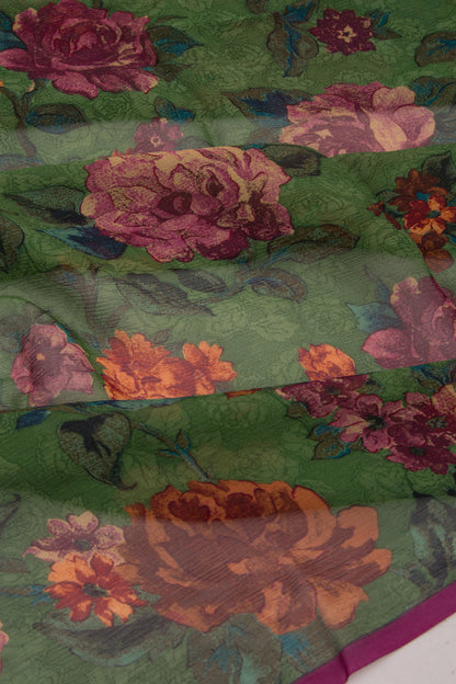 Chiffon Floral Printed Green Saree