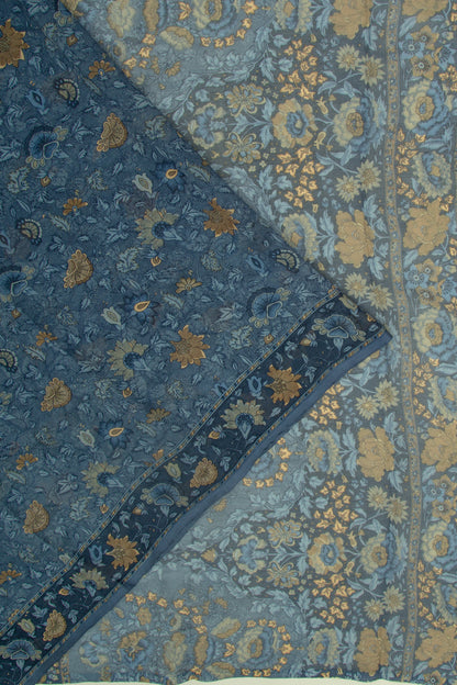 Chiffon Floral Printed Dark Blue Saree