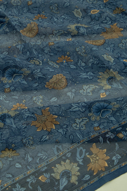 Chiffon Floral Printed Dark Blue Saree