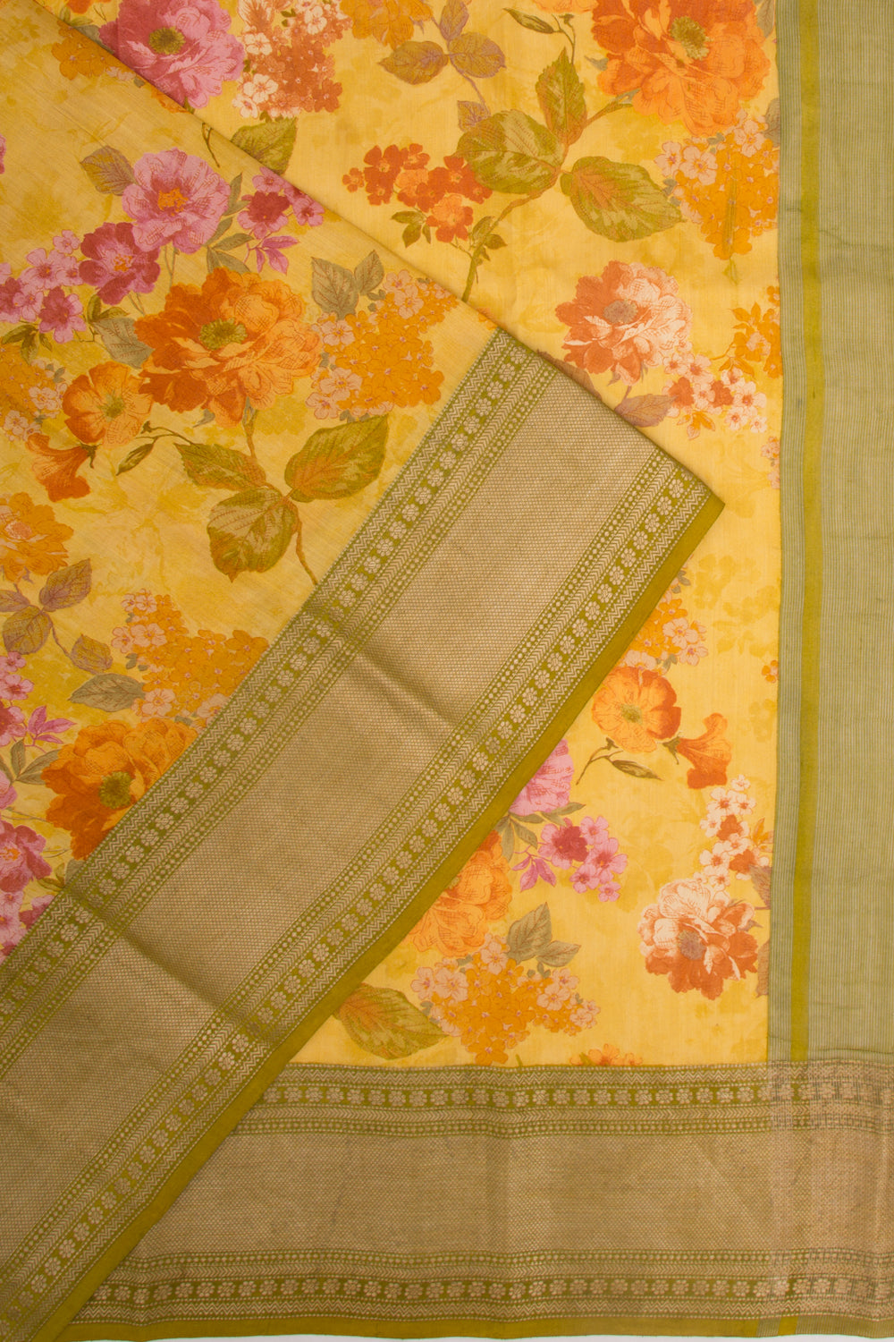 Munga Tussar Floral Printed Yellow Saree