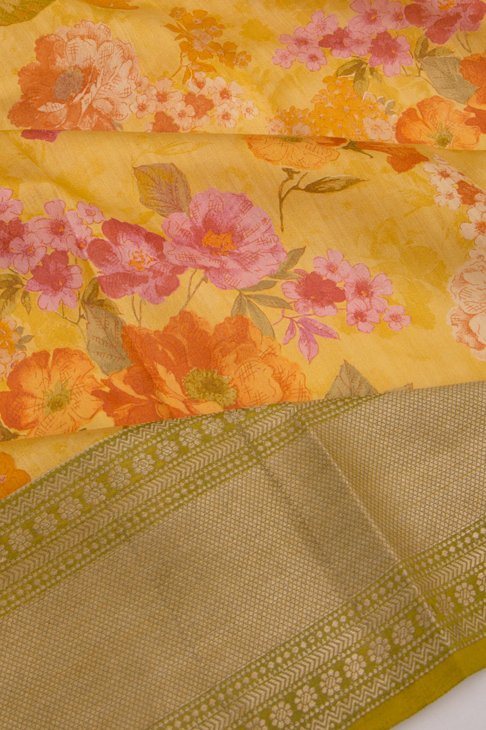 Munga Tussar Floral Printed Yellow Saree