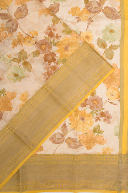 Munga Tussar Floral Printed Cream Saree