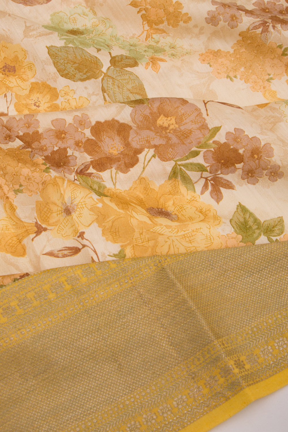 Munga Tussar Floral Printed Cream Saree