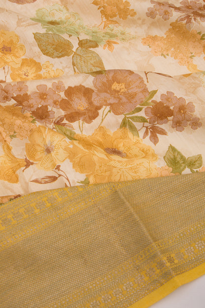 Munga Tussar Floral Printed Cream Saree