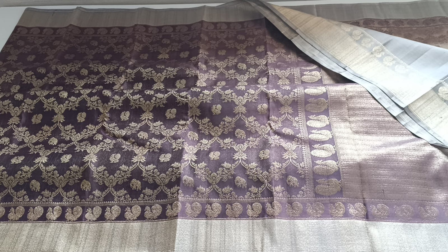 Kanchipuram Silk Tissue Jaal Brown Saree