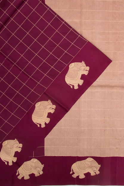 Banarasi Silk Katan Checks Burgundy Saree