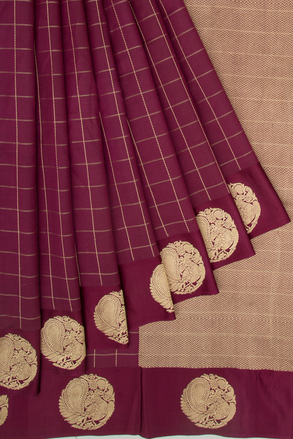 Banarasi Silk Katan Checks Burgundy Saree