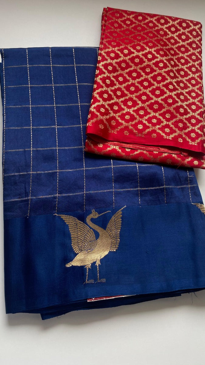 Banarasi Silk Katan Checks Blue Saree