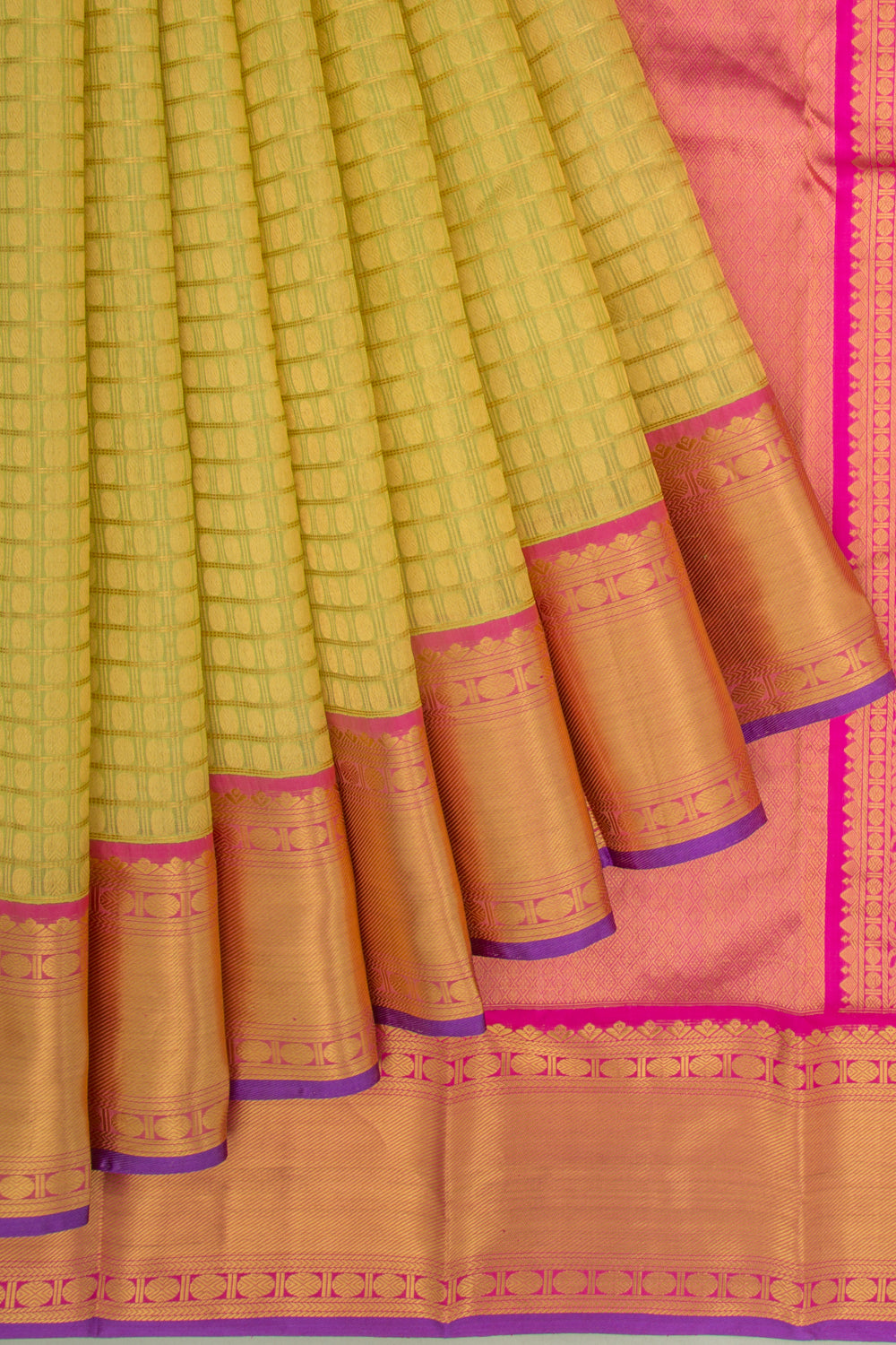 Kanchipuram Kora Organza Checks And Butta Green Saree