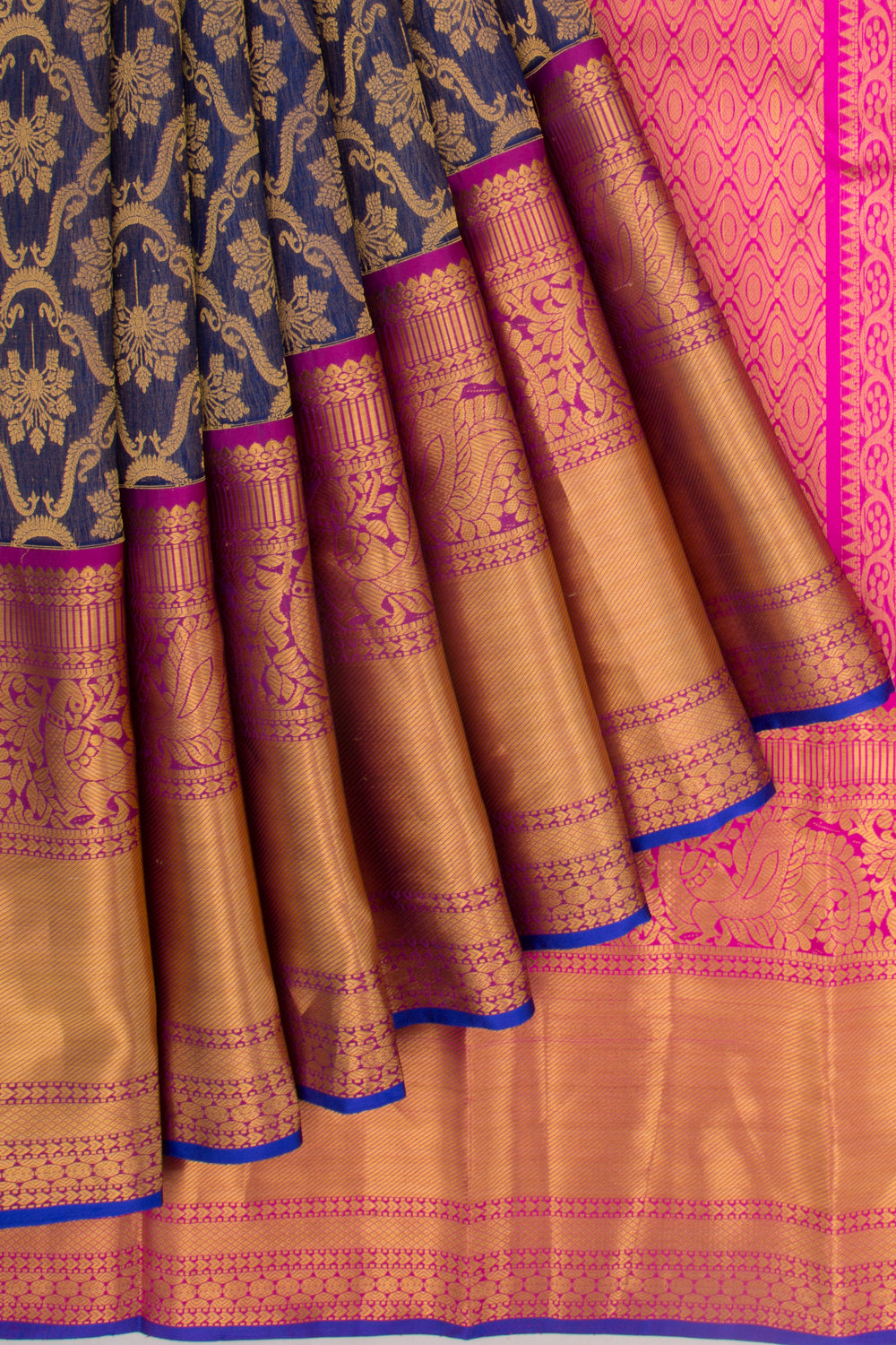 Kanchipuram Kora Organza Brocade Dark Blue Saree