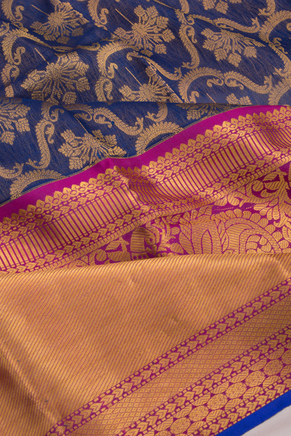 Kanchipuram Kora Organza Brocade Dark Blue Saree