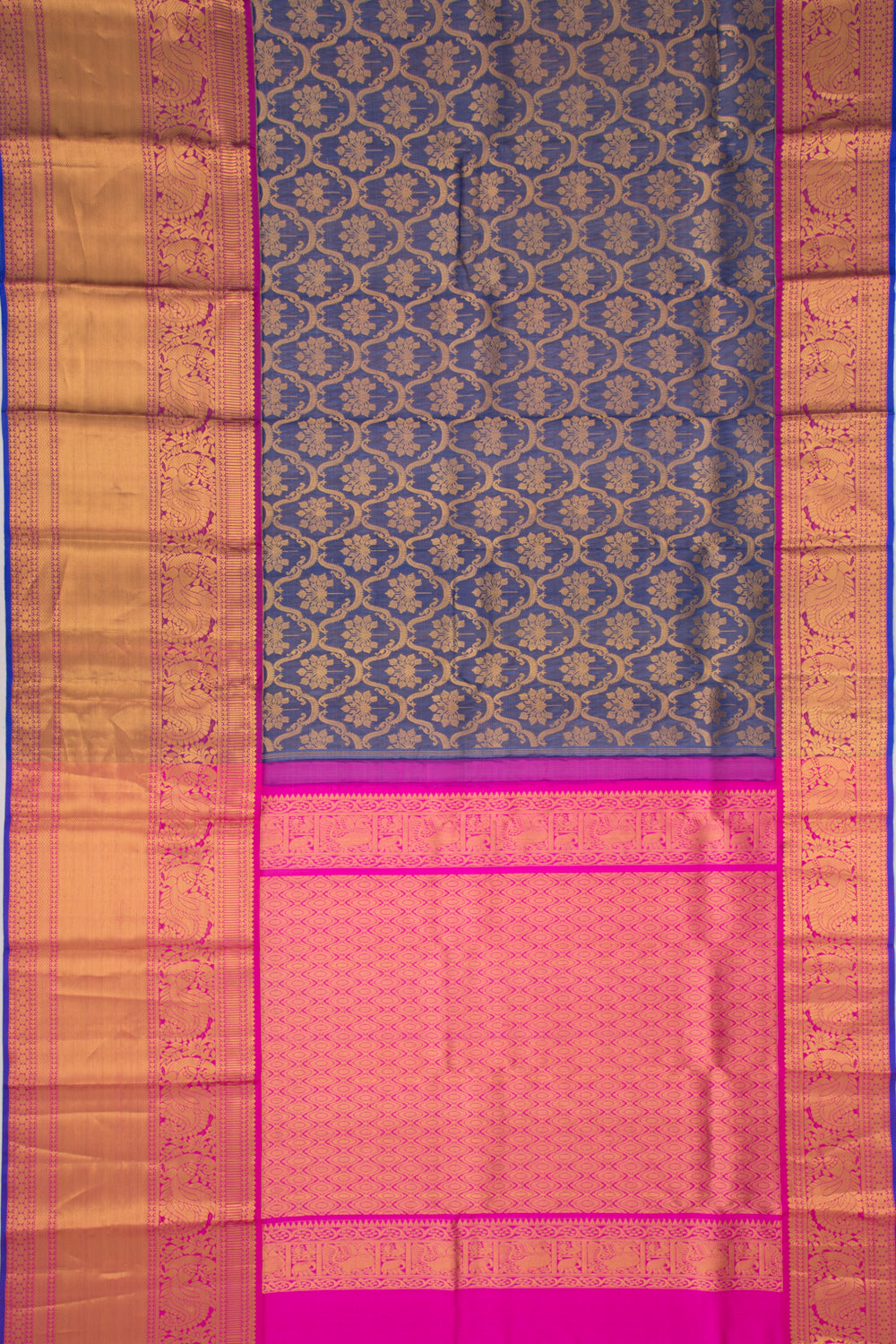 Kanchipuram Kora Organza Brocade Dark Blue Saree