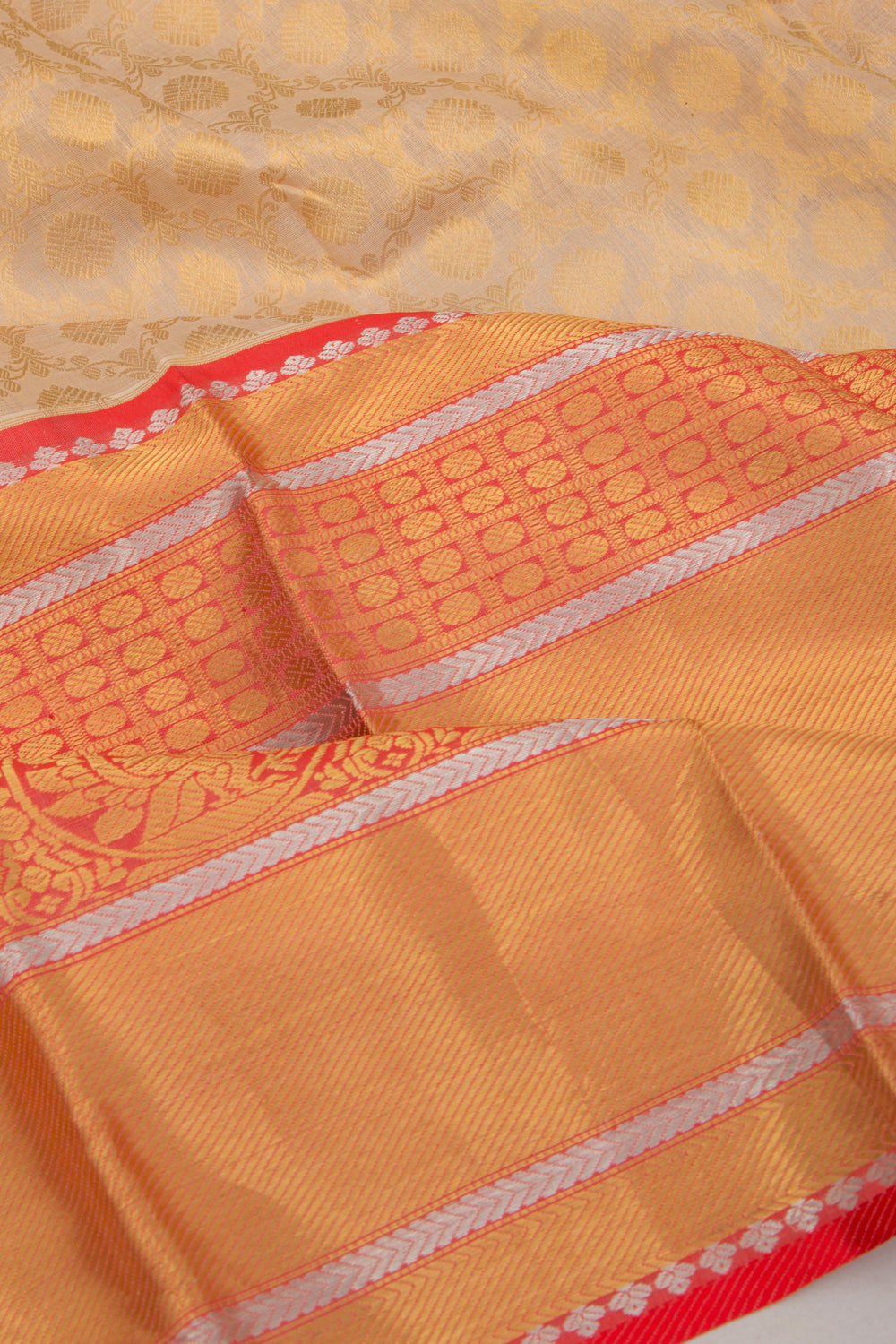 Kanchipuram Kora Organza Brocade Cream Saree