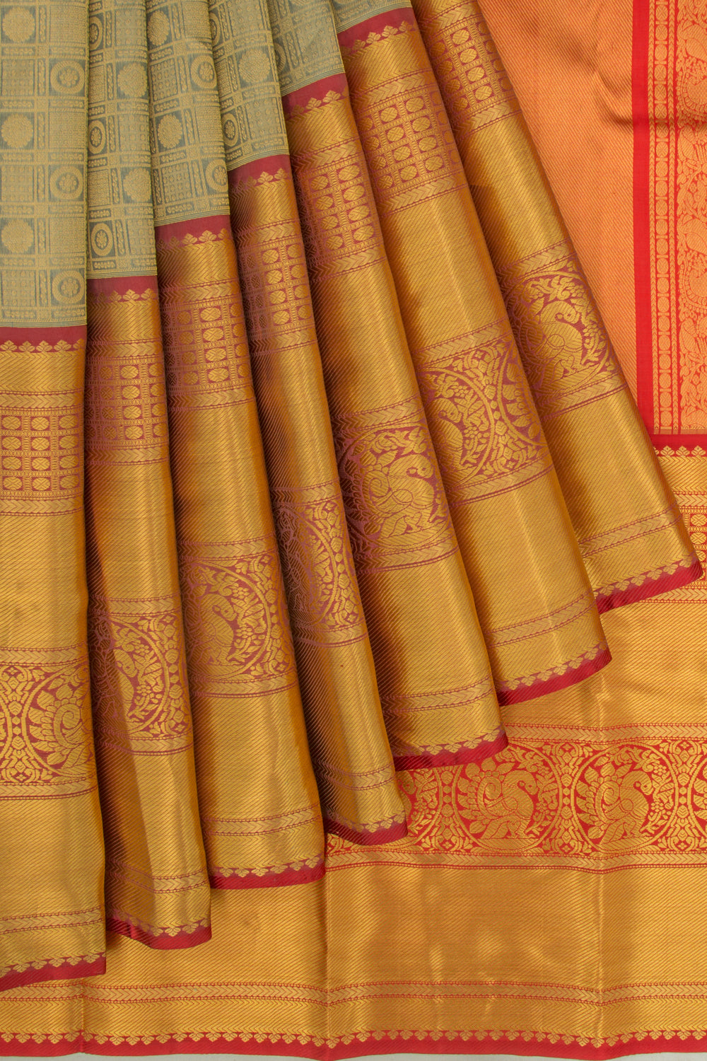 Kanchipuram Kora Organza Checks And Butta Elephant Grey Saree