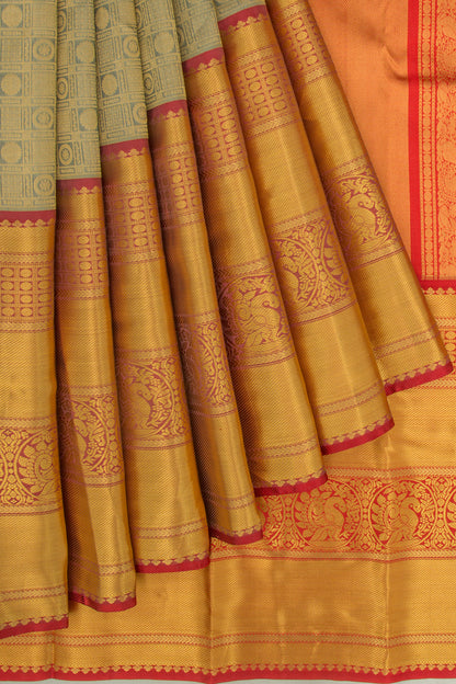 Kanchipuram Kora Organza Checks And Butta Elephant Grey Saree
