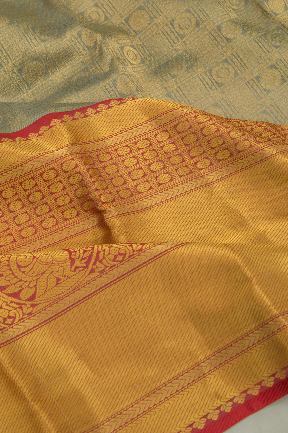 Kanchipuram Kora Organza Checks And Butta Elephant Grey Saree
