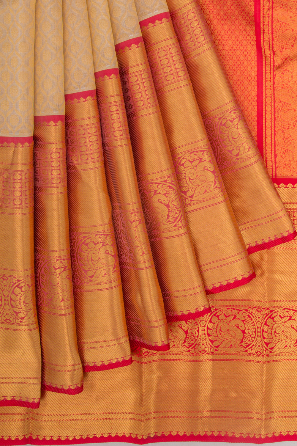 Kanchipuram Kora Organza Brocade Cream Saree