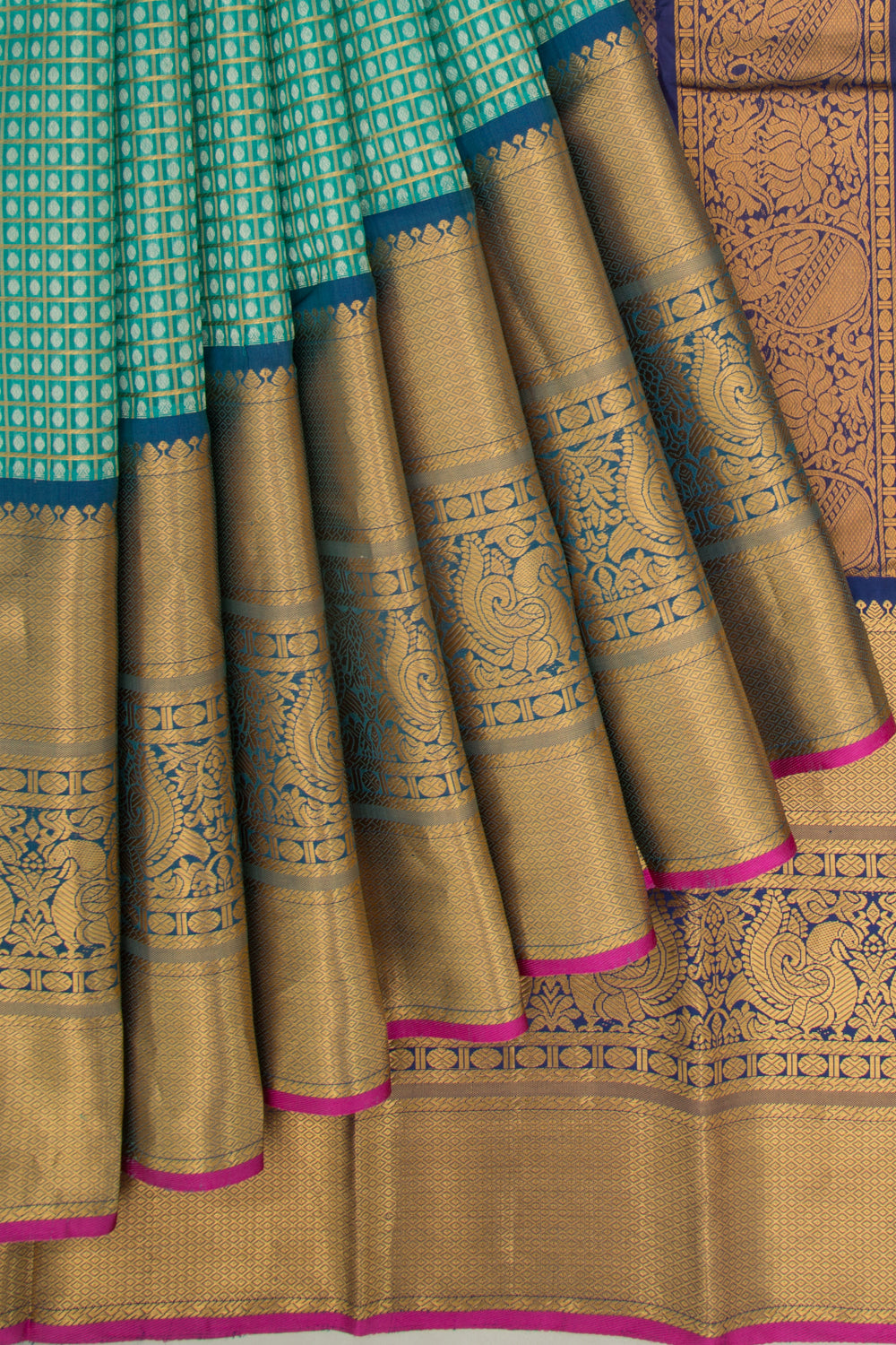 Kanchipuram Kora Organza Checks And Butta Sea Green Saree