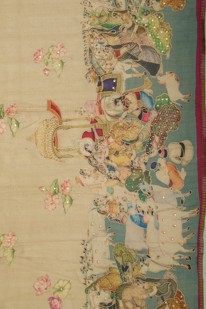 Tussar Embroidery And Pichwai Printed Beige Saree