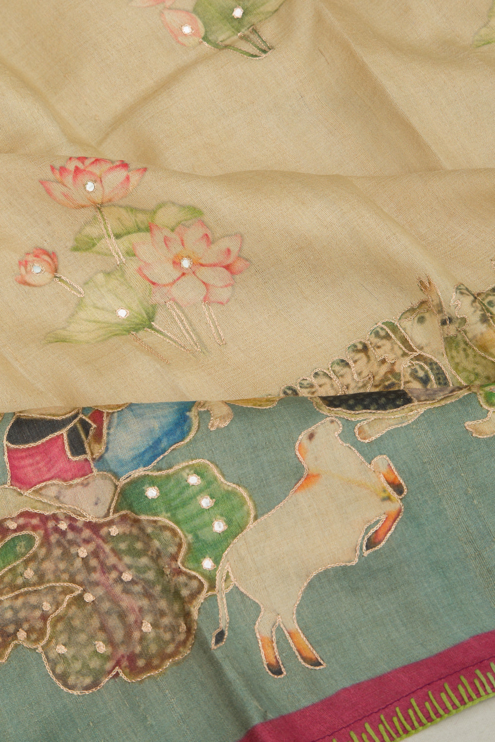 Tussar Embroidery And Pichwai Printed Beige Saree