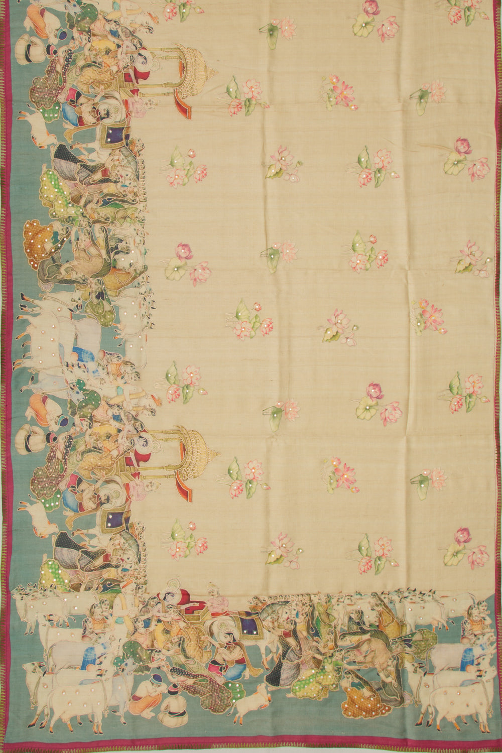 Tussar Embroidery And Pichwai Printed Beige Saree