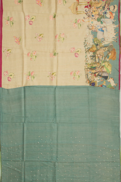 Tussar Embroidery And Pichwai Printed Beige Saree