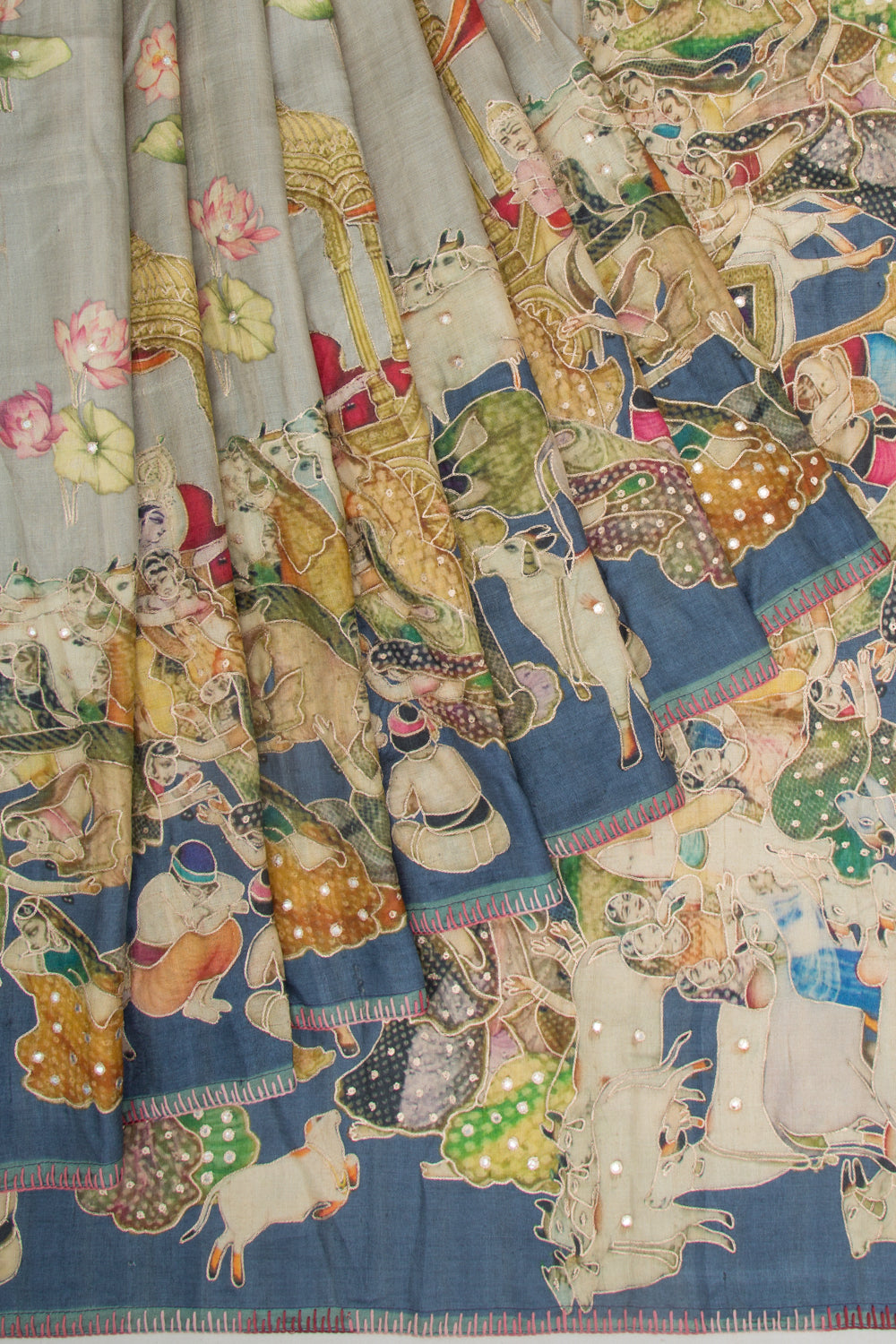 Tussar Embroidery And Pichwai Printed Pastel Grey Saree