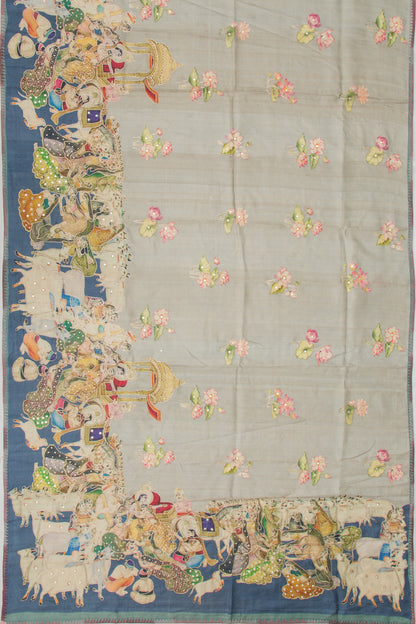Tussar Embroidery And Pichwai Printed Pastel Grey Saree