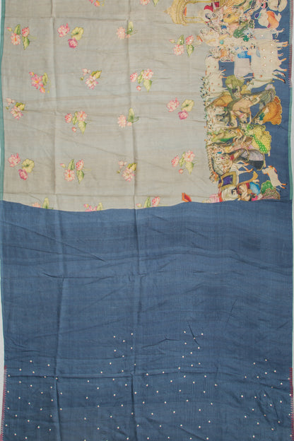 Tussar Embroidery And Pichwai Printed Pastel Grey Saree