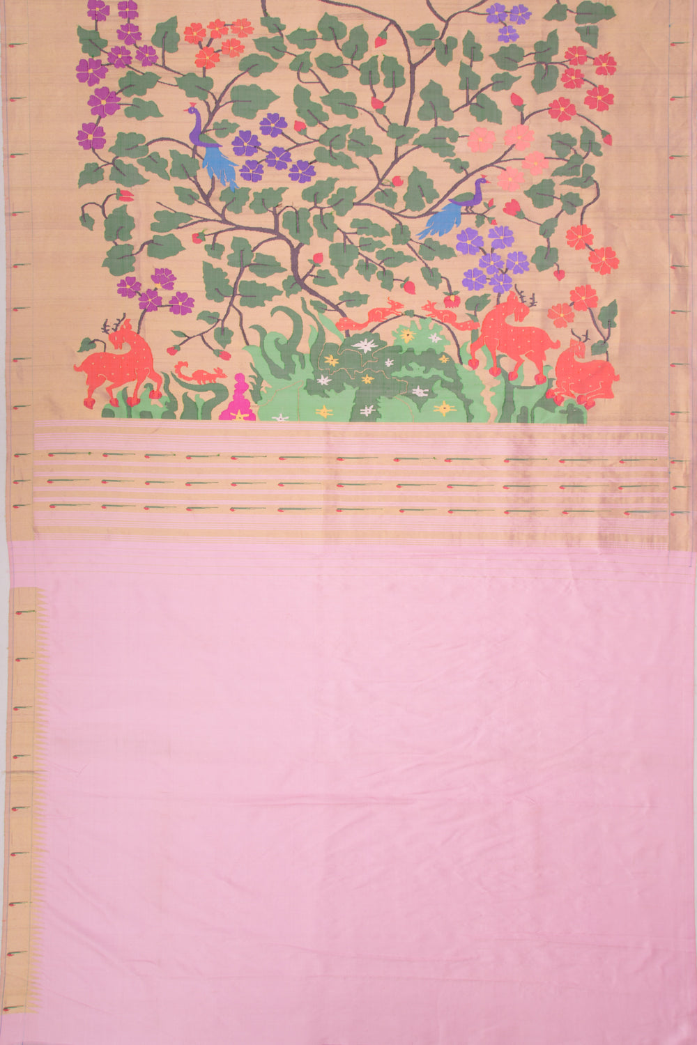 Paithani Silk Gold Tissue All Over Baby Pink Saree With Muniya Border