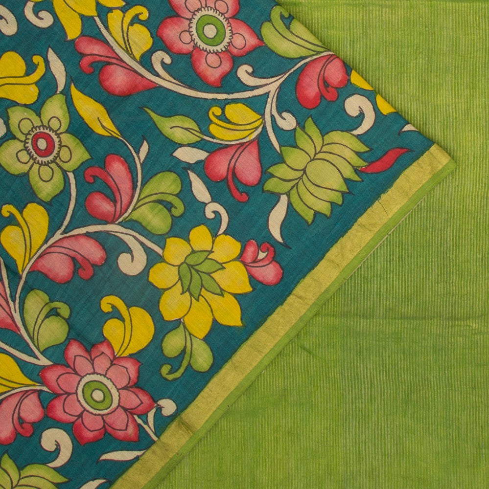 Tussar Kalamkari Teal Blue Saree