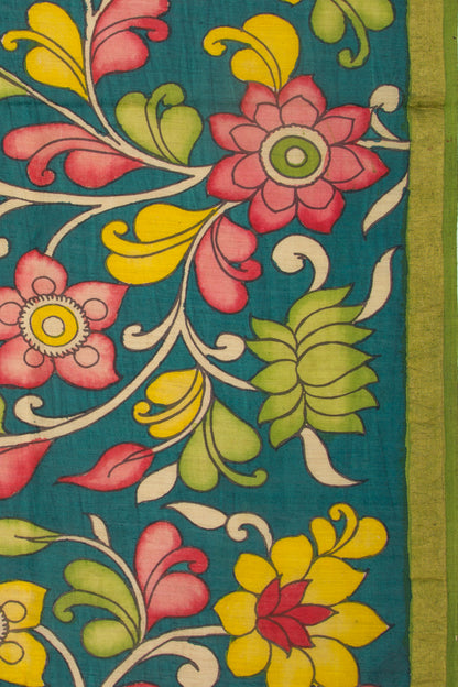Tussar Kalamkari Teal Blue Saree