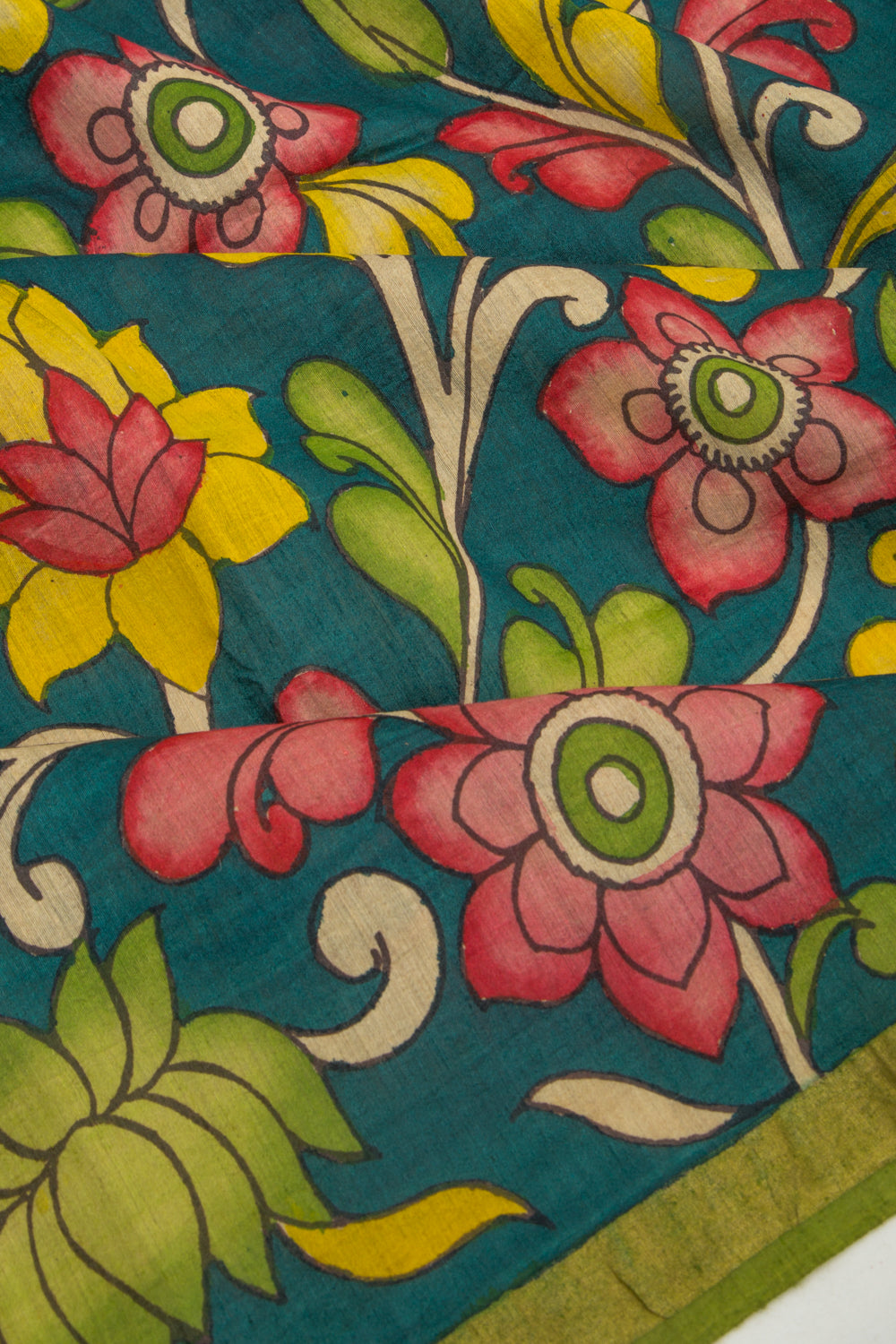 Tussar Kalamkari Teal Blue Saree