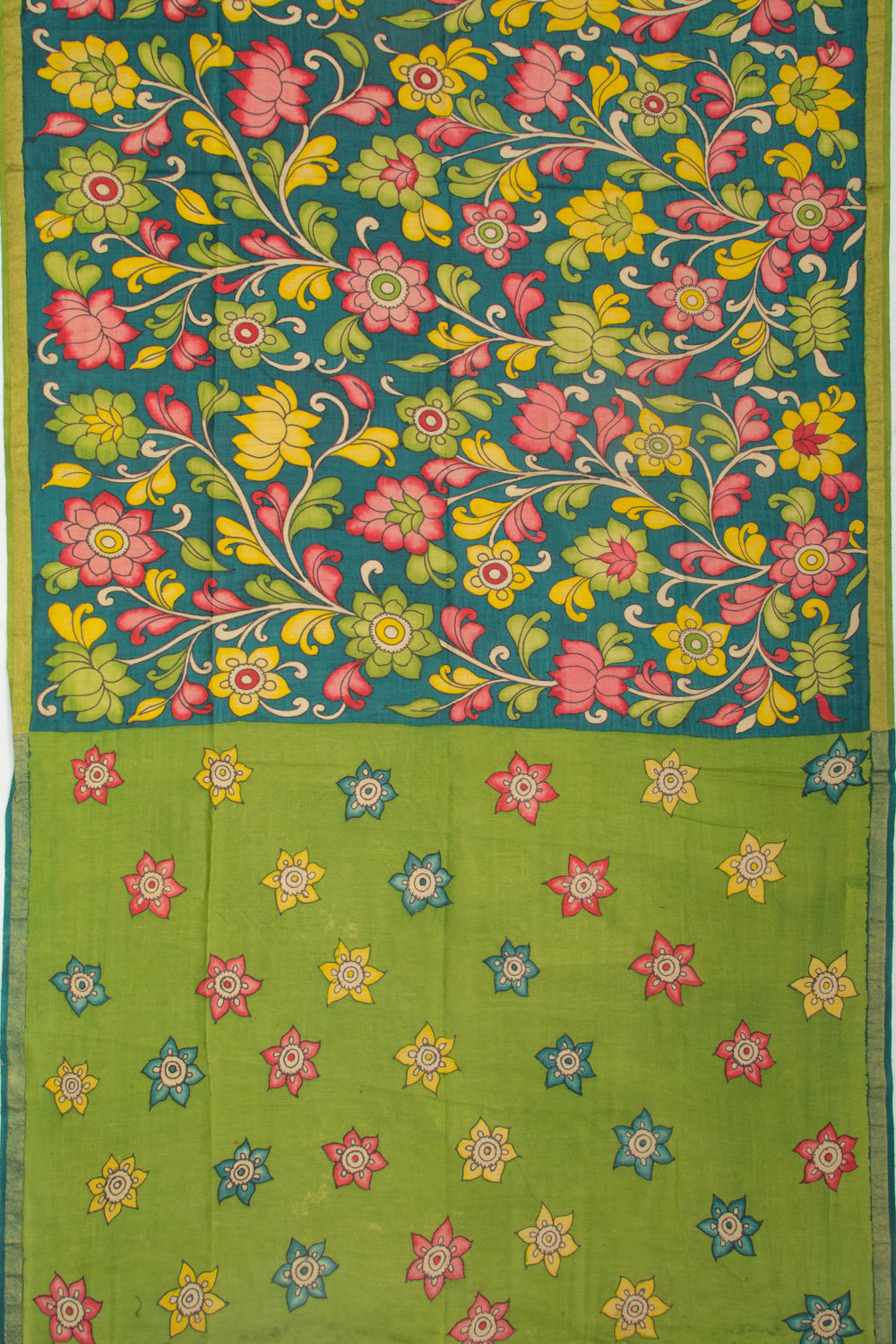 Tussar Kalamkari Teal Blue Saree
