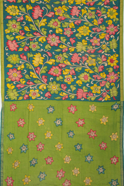 Tussar Kalamkari Teal Blue Saree
