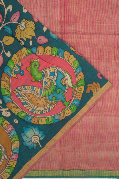 Tussar Kalamkari Teal Blue Saree