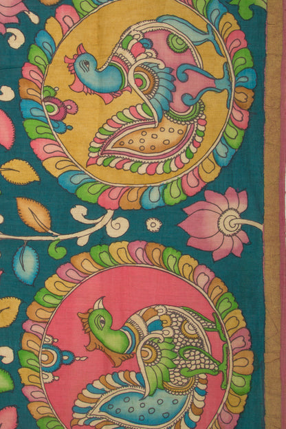 Tussar Kalamkari Teal Blue Saree