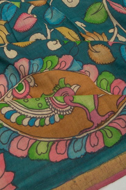 Tussar Kalamkari Teal Blue Saree