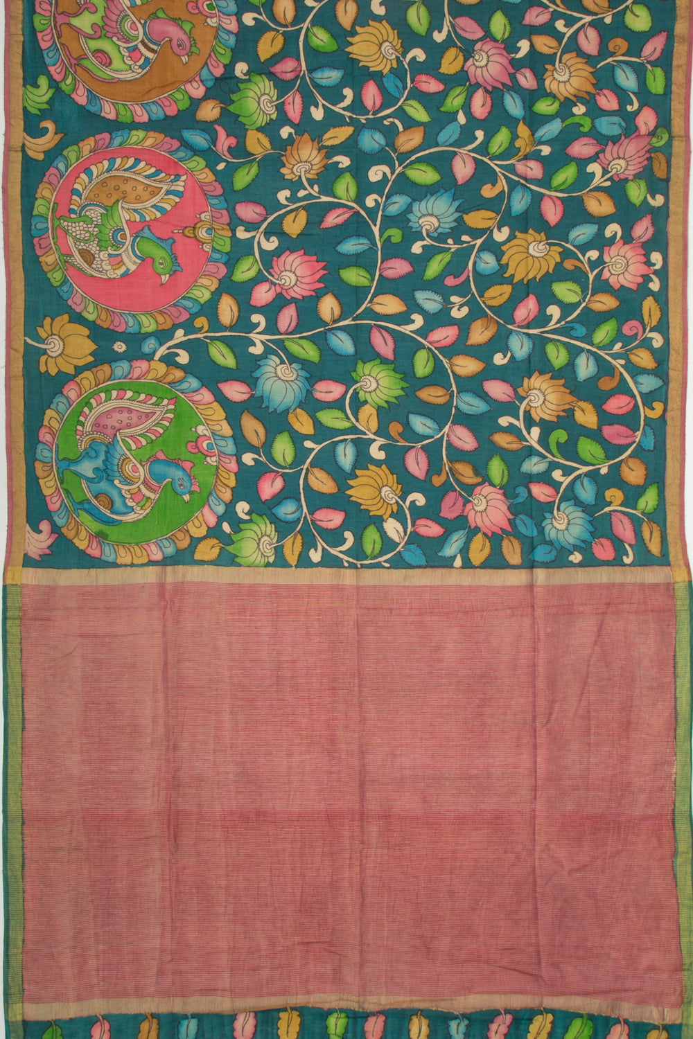 Tussar Kalamkari Teal Blue Saree