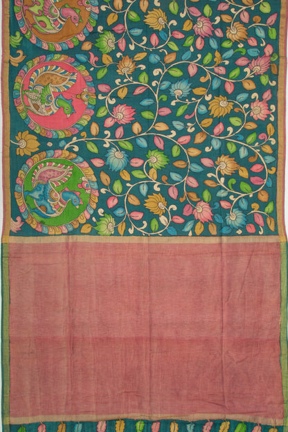 Tussar Kalamkari Teal Blue Saree