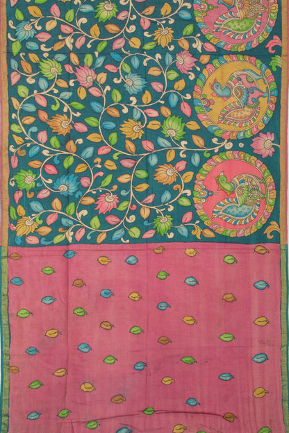 Tussar Kalamkari Teal Blue Saree