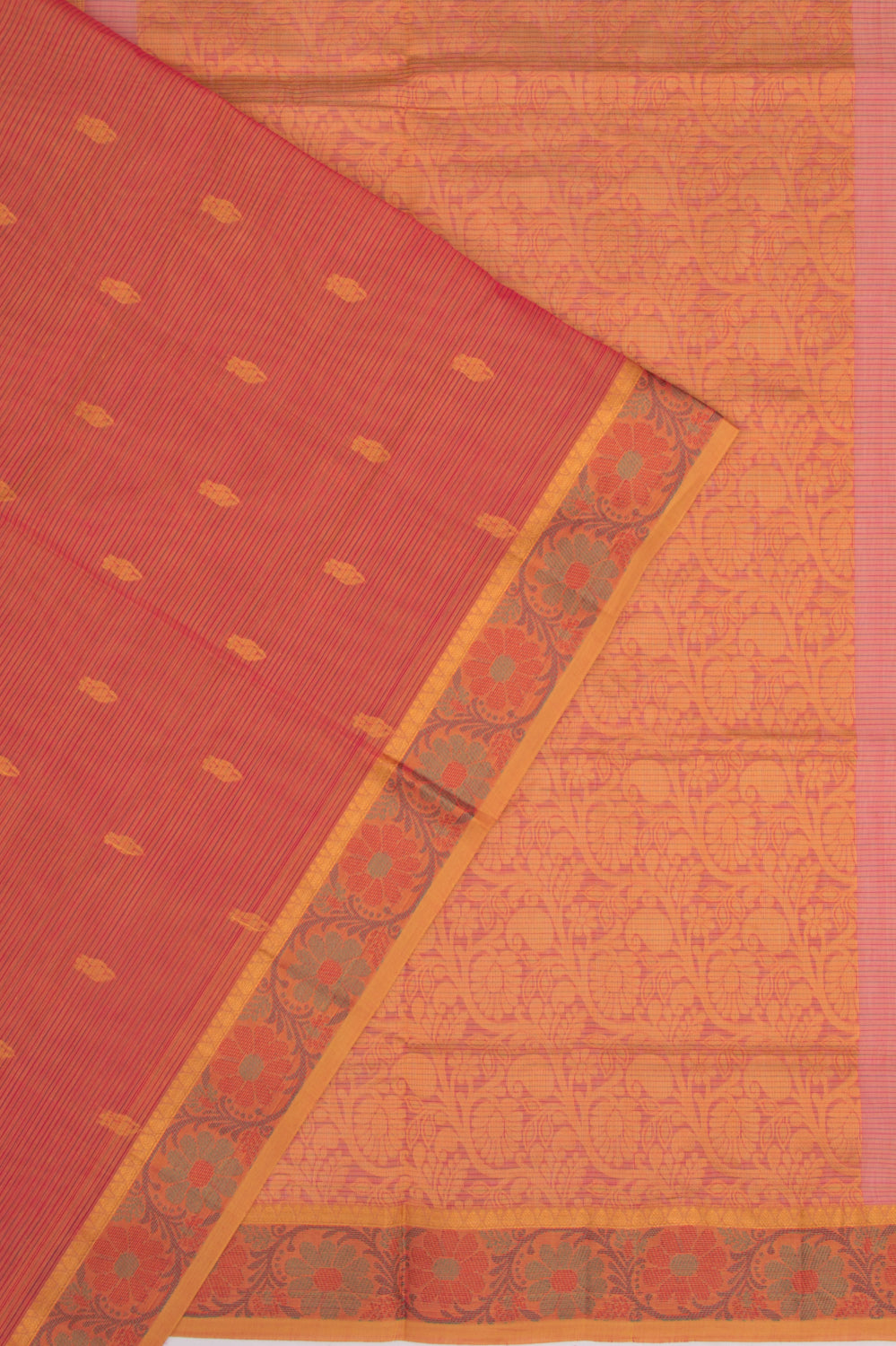 Mangalgiri Cotton Horizontal Lines Butta Peach Saree