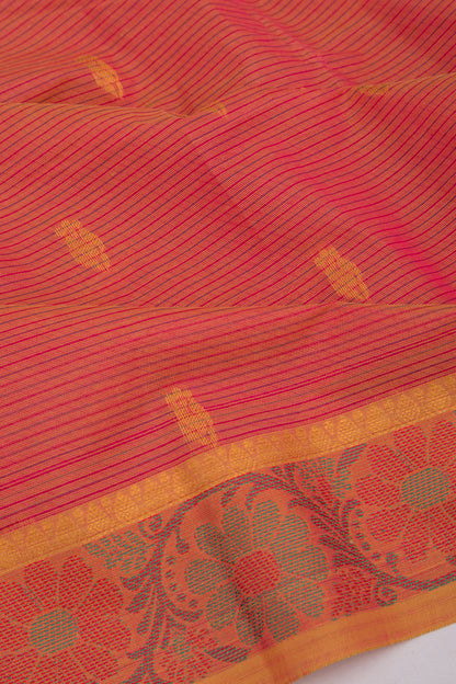 Mangalgiri Cotton Horizontal Lines Butta Peach Saree