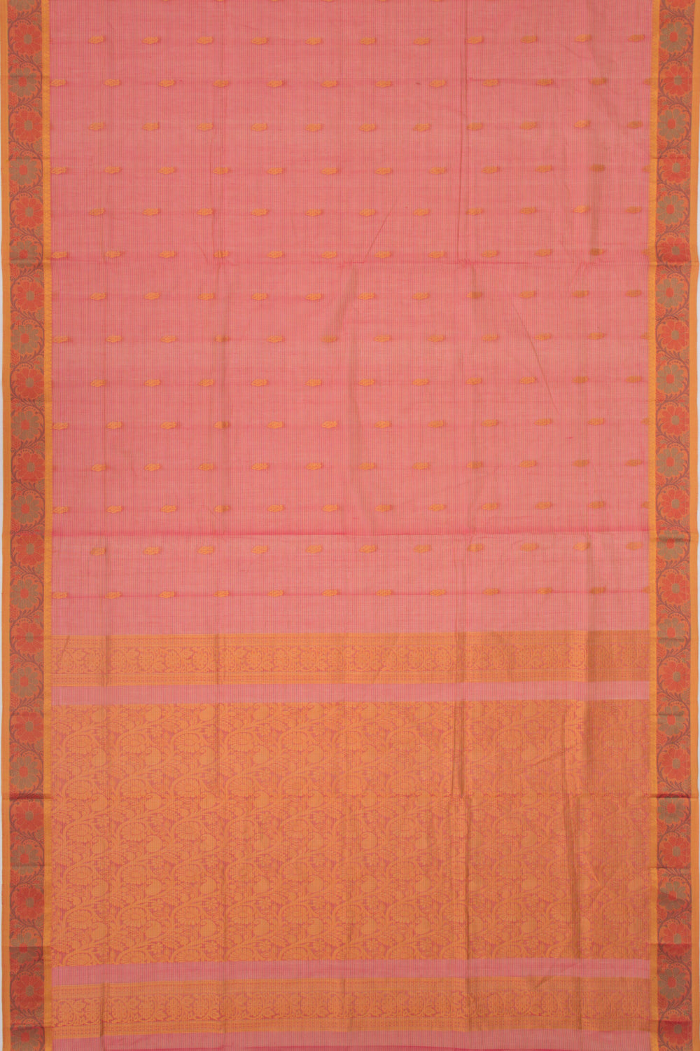 Mangalgiri Cotton Horizontal Lines Butta Peach Saree